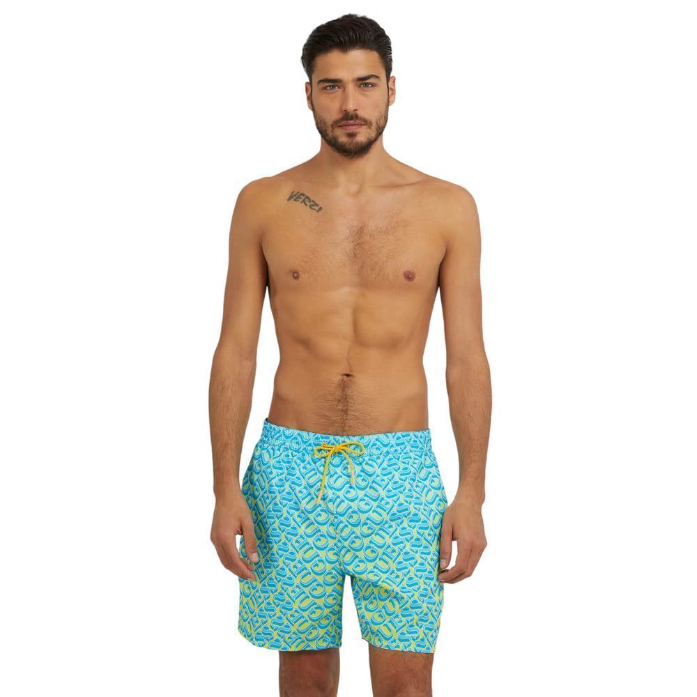 GUESS Men's Standard Swim Trunk Medium Logo AOP, Lime Blue Thousand Shade